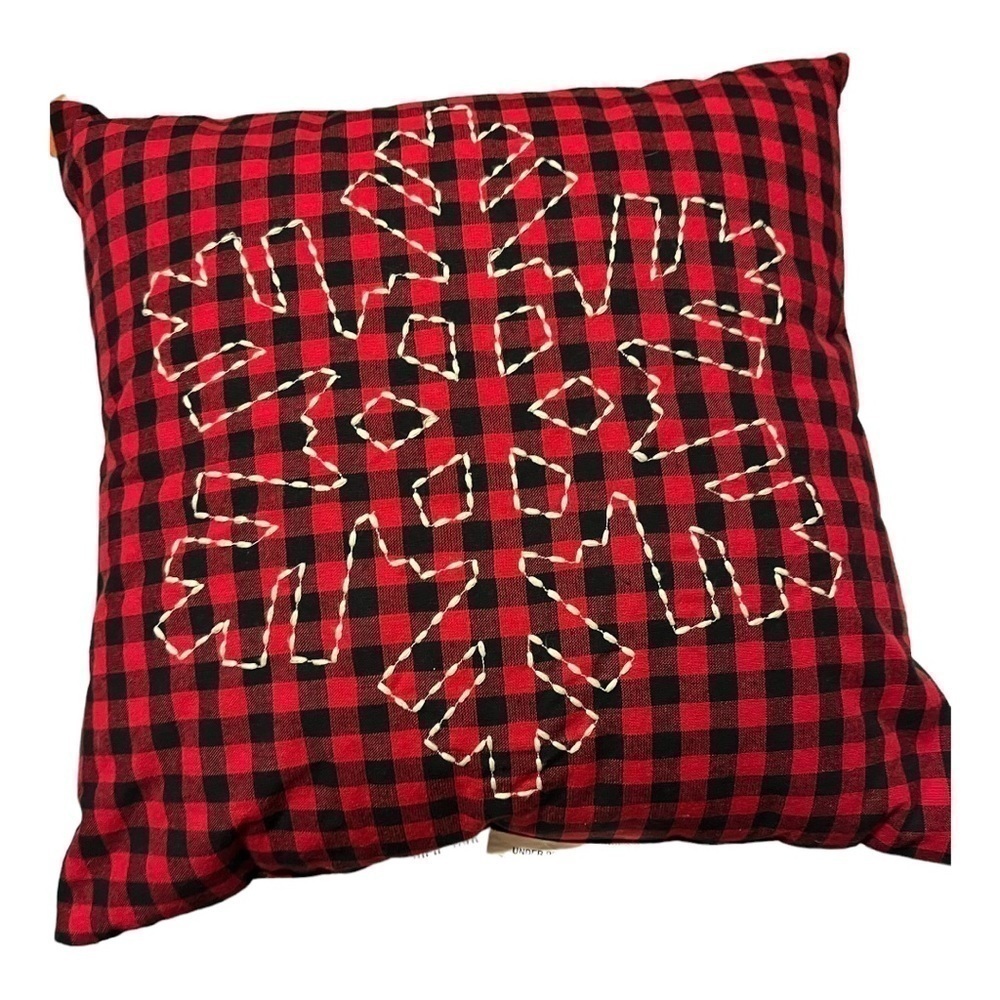 ACCENT pillow red/black buffalo check stitched outline of snowflake back white.